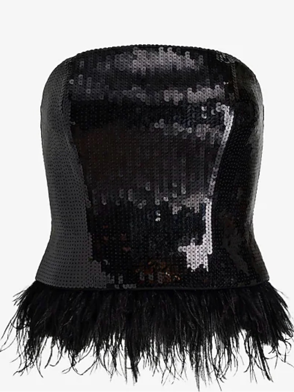 Black Sequin Feather Trim Strapless Bustier Top